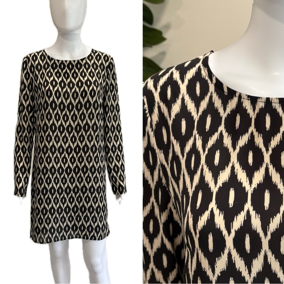 WAYF Ikat Shift Dress Size Small Black & Beige Geometric Aztec Print Knee Length - Picture 1 of 14